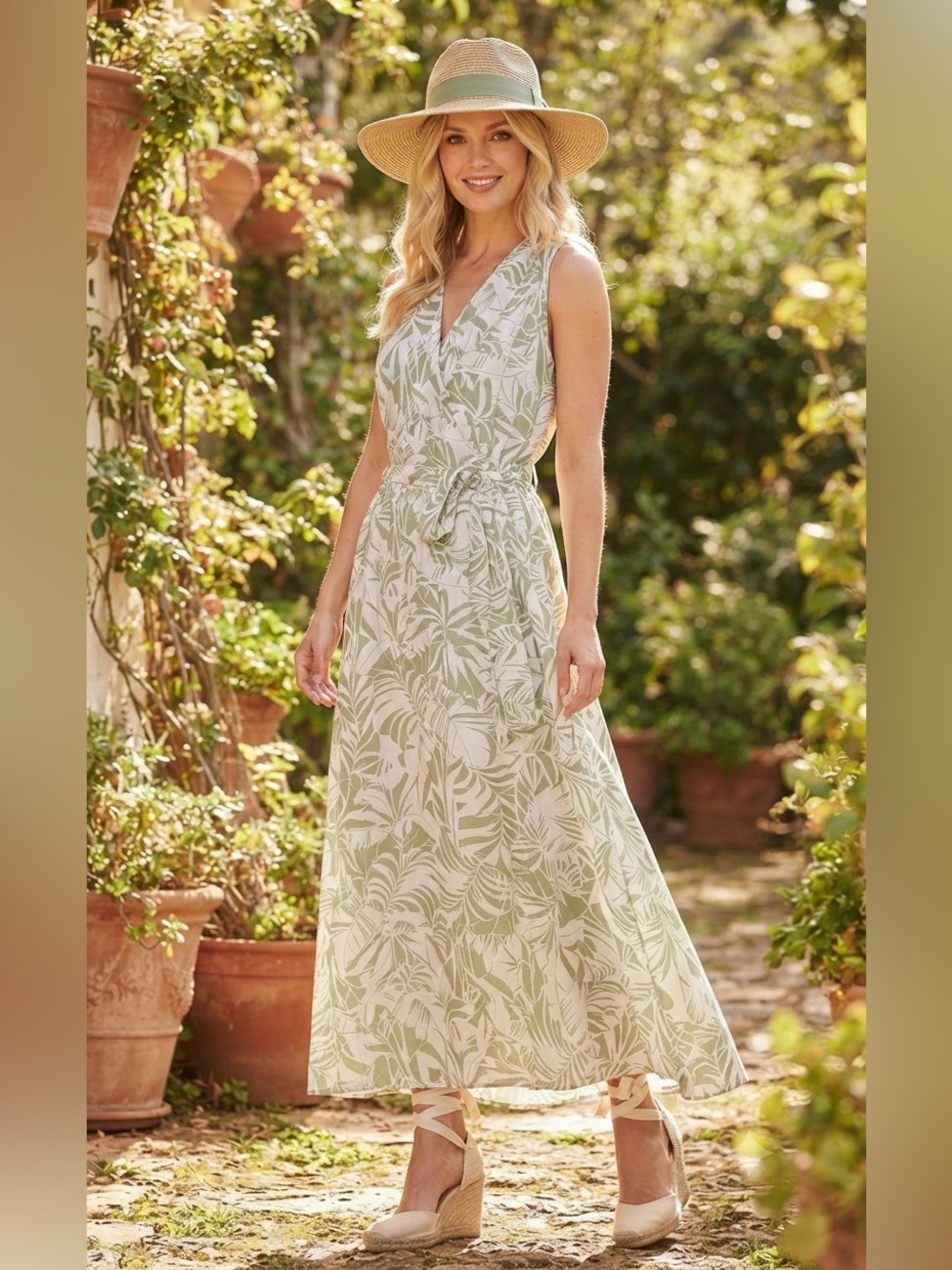 Emma & Michele Sage Green Tropical Leaf Print Wrap Maxi Dress - Size XL